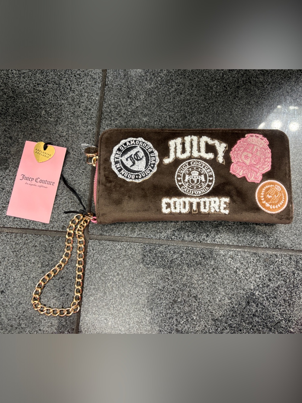 Exclusive Juicy Couture Brown Velvet Wristlet Clutch with Pink Accents Gold